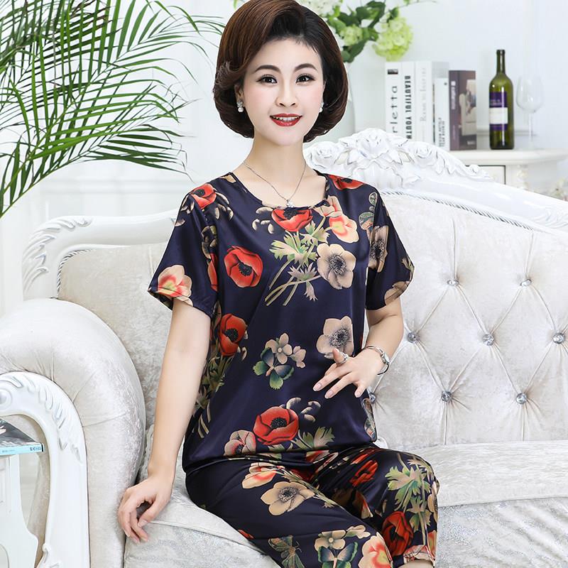 中老年人 冰丝睡衣 夏季薄款丝绸中年妈妈女夏睡裤面绸两件套大码