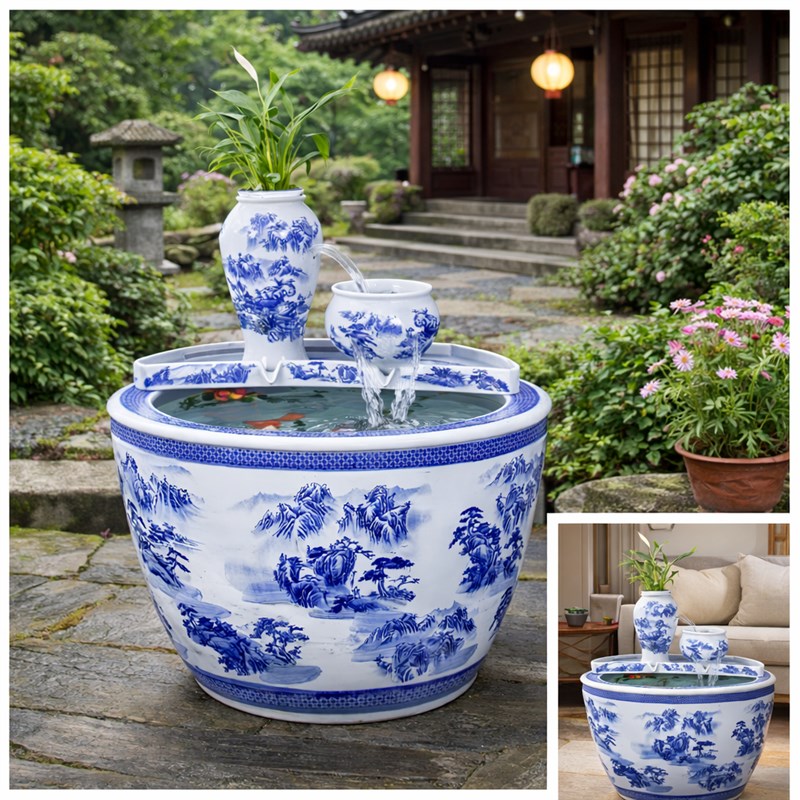 景德镇青花瓷流水鱼缸客厅阳台庭院水景摆件陶瓷鱼缸特大瀑布流水