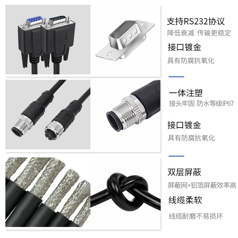 M12转DB9连接器防水航空插头串口线M8连接延长通讯数据读码线DB25