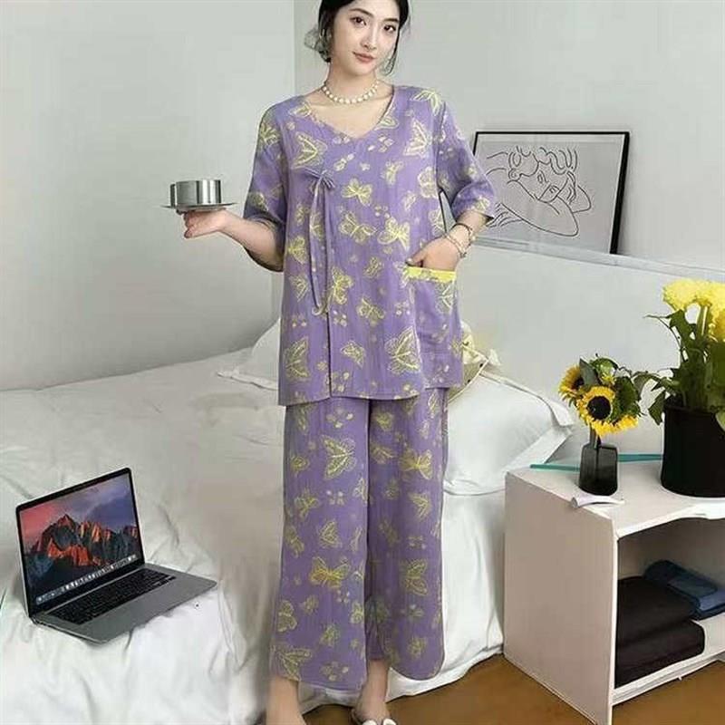新中式睡衣带兜双层纱国风套装短袖长裤汗蒸服家居服