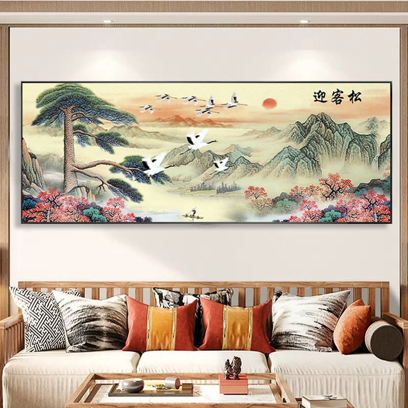 迎客松钻石绣贴十字绣5d钻石画满钻新款客厅2023山水风景沙发背景