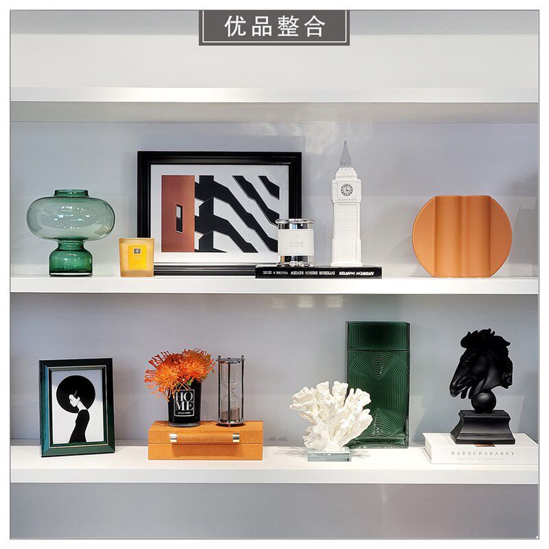 样板房书柜摆件现代家居软装饰品挂画仿真花沙漏首饰盒组合ZH2571