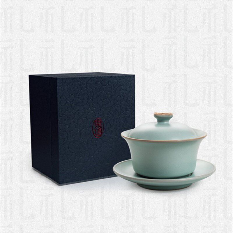 东道汝窑卧龙盖碗盖碗功夫茶具汝瓷天青色100ML(礼盒装)