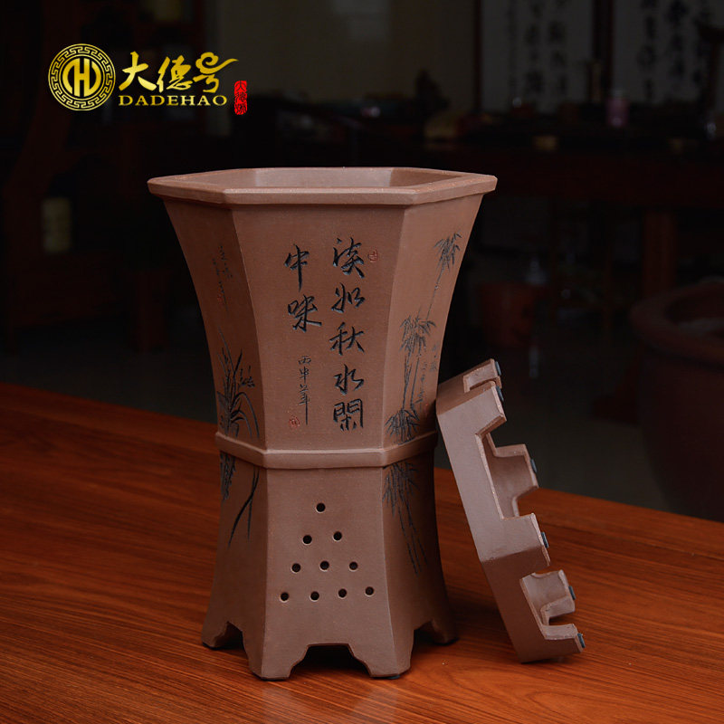 紫砂兰花花盆 六方精品刻绘带托盘兰草绿植盆栽古典紫泥清水泥盆