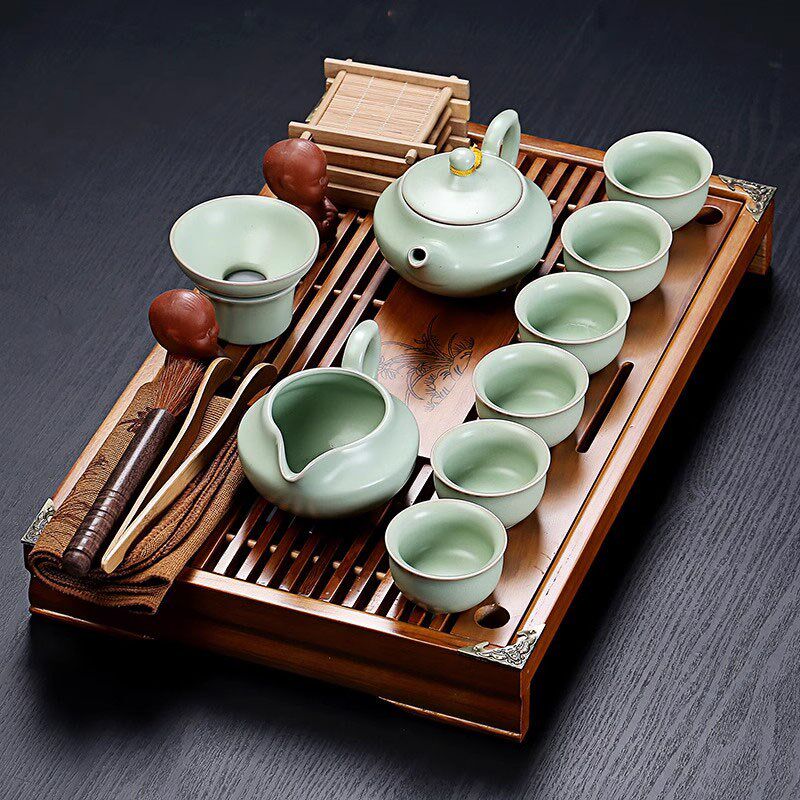 紫砂陶瓷功夫茶具套装家用茶杯简约办公抽屉式茶台整套实木小茶盘