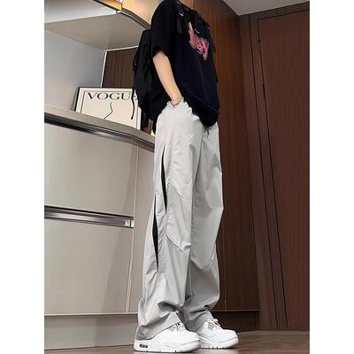冰丝阔腿刺绣裤男士2025新款夏季薄款垂感山本裤休闲运动男生裤子