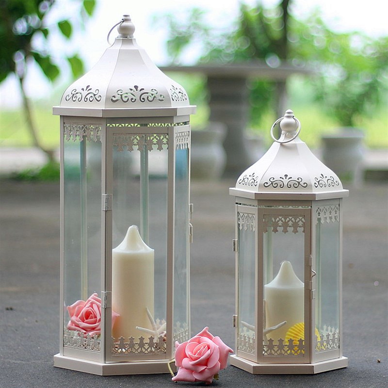 铁艺烛台欧式防风灯玻璃灯笼婚庆马灯摆件 户外落地风灯烛台灯白
