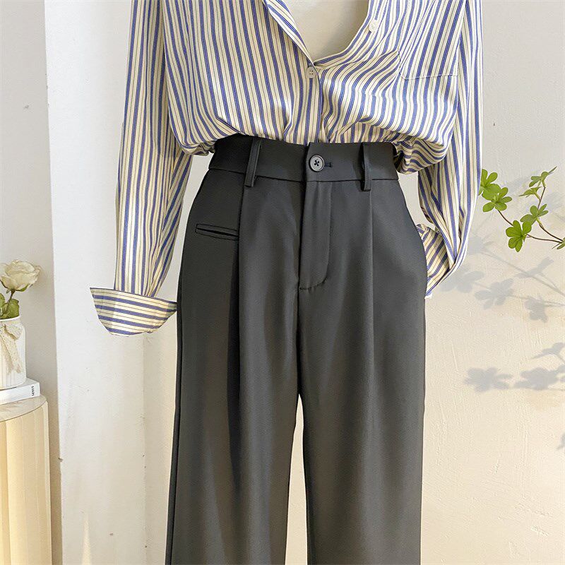 高级感深灰色西装裤女秋宽松高腰直筒窄版阔腿裤垂感拖地休闲西裤