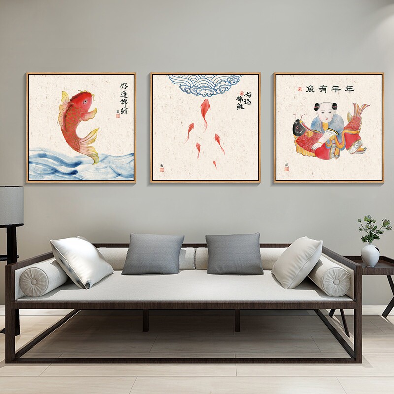 年年有余装饰画寿比南山寿星图挂画新中式客厅餐厅卧室鲤鱼图壁画