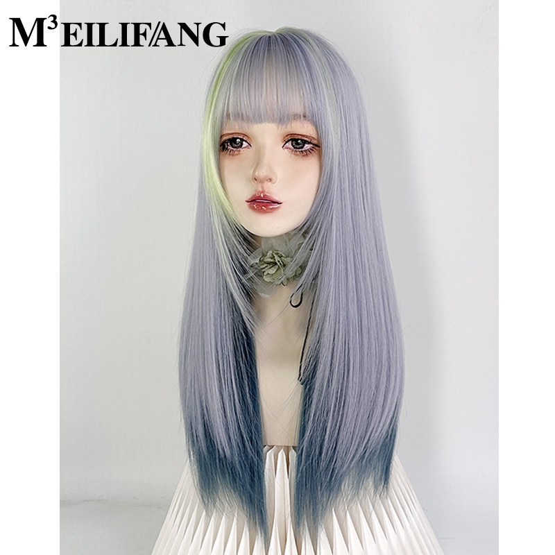 蓝绿色挑染假发全头套女亚文化彩lolita亚比刘海染渐变y2k长直发