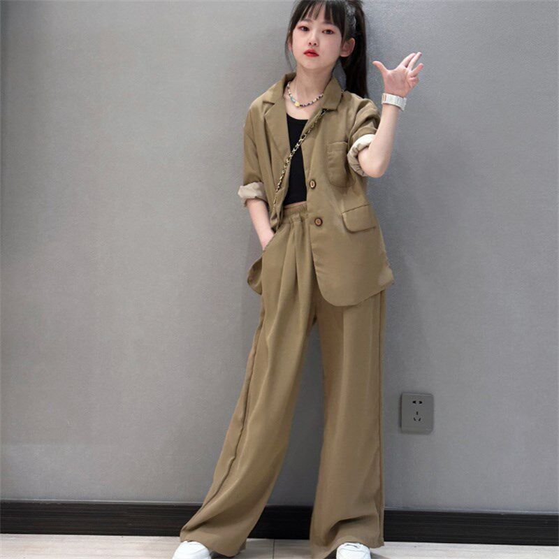 女童秋装套装2024新款中大童春秋时髦洋气网红儿童西服休闲两件套
