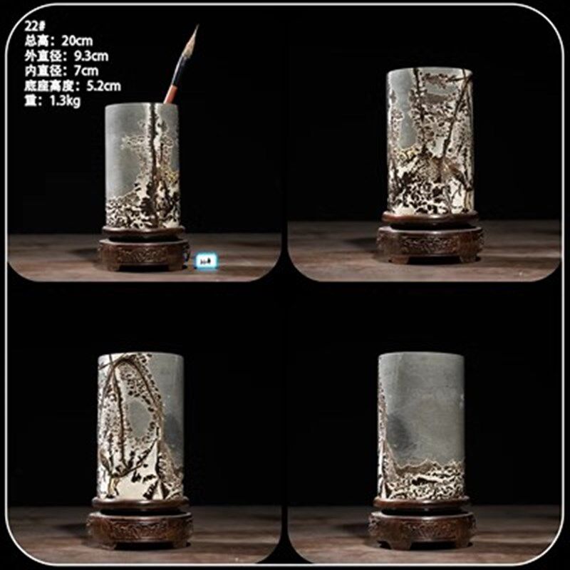 内有多款天然草花石头国画石奇石摆件黑檀木旋转底座圆柱毛笔笔筒