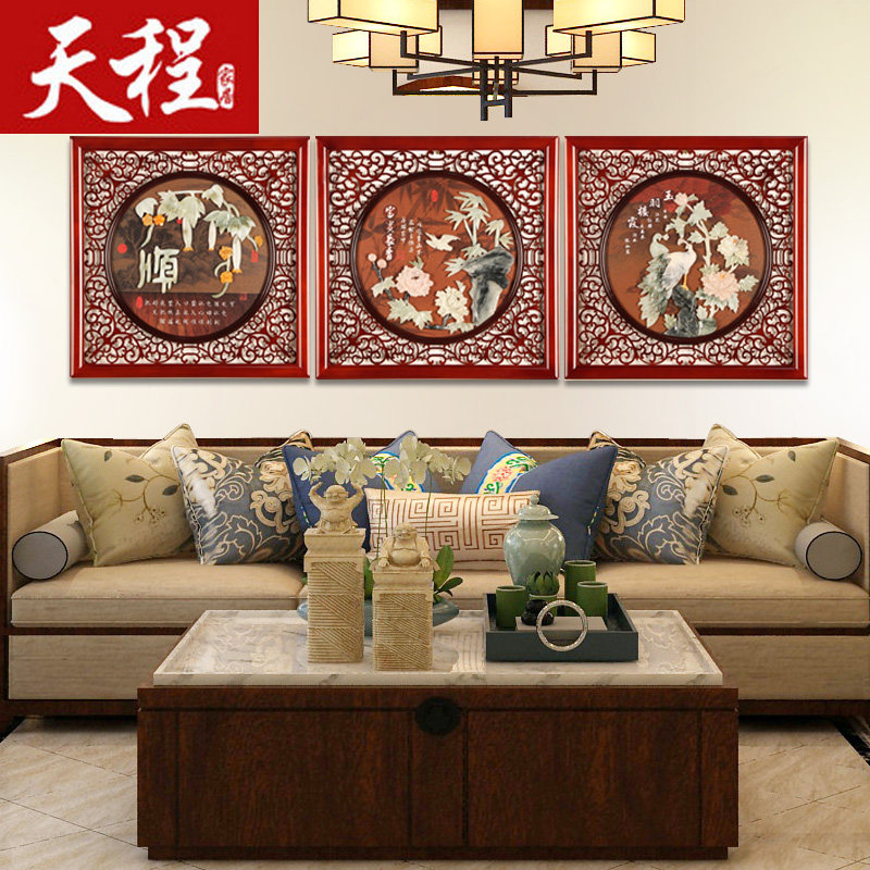 新中式玉雕装饰画客厅走廊玄关3d浮雕画餐厅壁挂画沙发背景墙三联