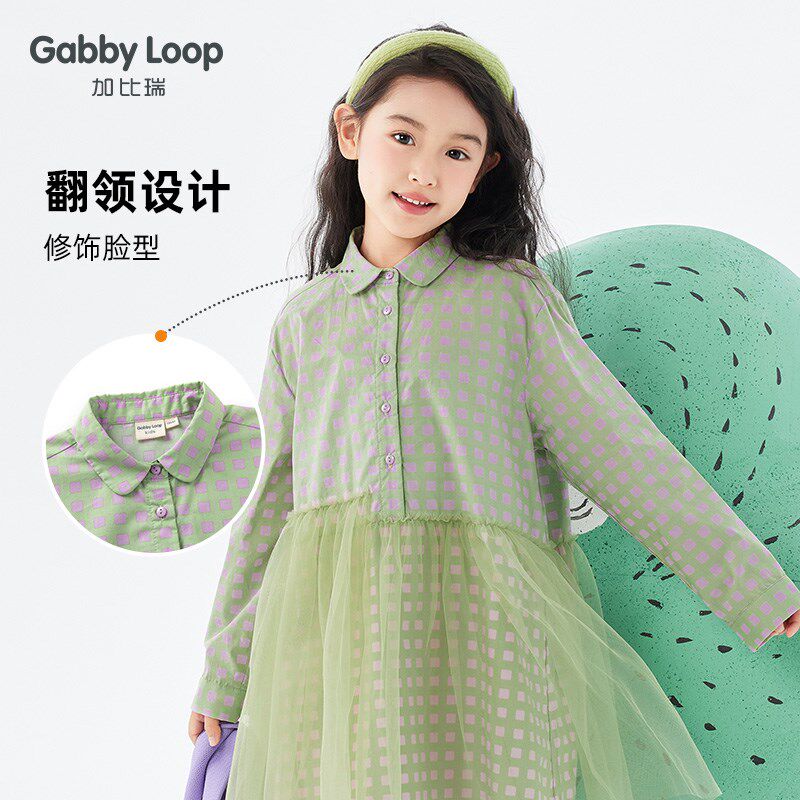 加比瑞童装春秋季新品女童休闲舒适长袖衬衫拼接连衣裙中大童裙子