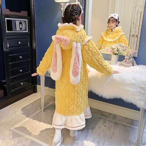 儿童睡衣秋冬季加厚款三层夹棉女童孩珊瑚绒法兰绒睡袍黄兔家居服