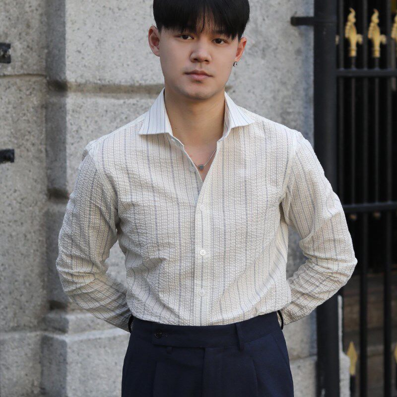 英伦复古一字领修身长袖衬衫小清新泡泡纱条纹时尚文艺潮男衬衣男