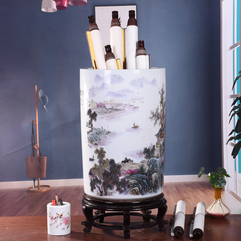 景德镇陶瓷器书画缸卷轴缸字画筒落地客厅花瓶花插工艺品摆件