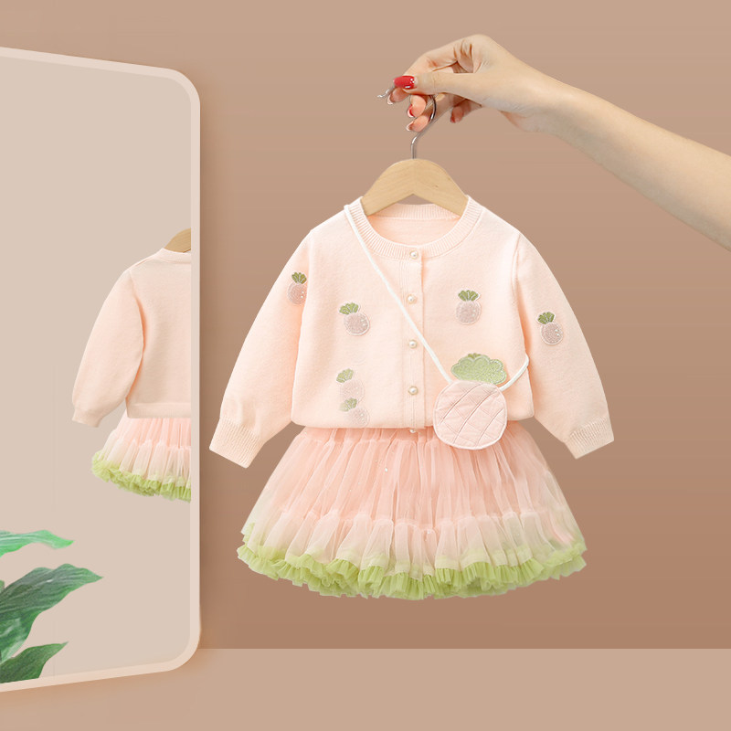 女童套装春秋季2024新款宝宝开衫半身裙子儿童洋气时髦衣服两件套