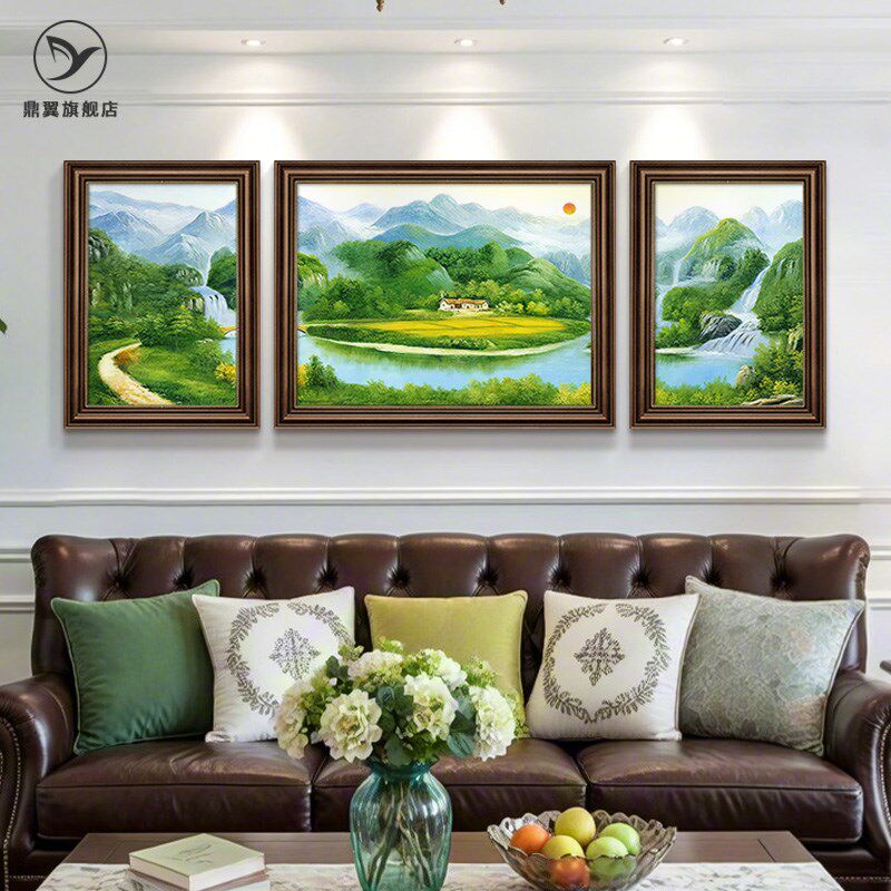 青山绿水山水画客厅挂画欧式沙发背景墙风景油画高级感三联壁画