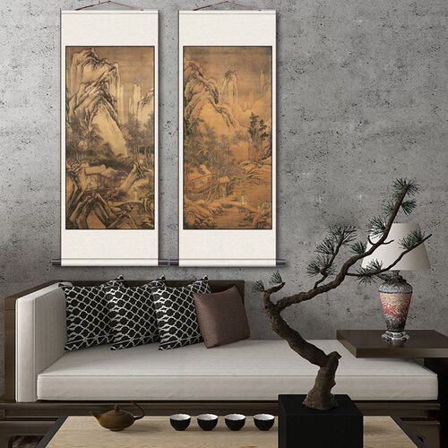 唐寅山水横幅巨幅字画背景挂画靠山卷轴画办公室装饰丝绸礼品画