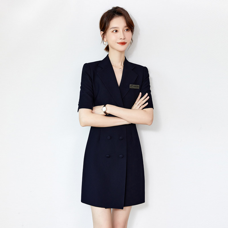 工作服职业气质女短袖职业连衣裙新款前台接待双排扣西装裙高级黑