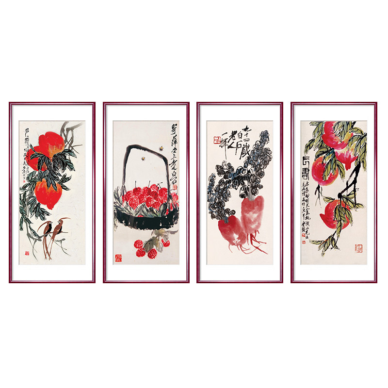 新中式客厅装饰画四联歺厅挂画餐厅水果画水墨国画齐白石壁画真迹