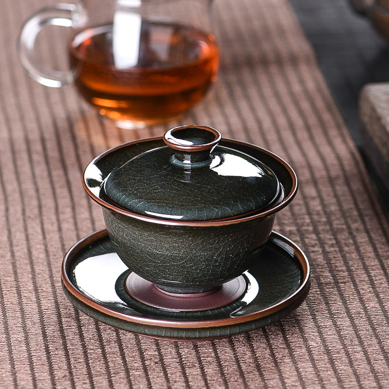 青瓷纯手工三才盖碗茶杯铁胎冰裂纹敬泡茶碗大号功夫茶具单个家用