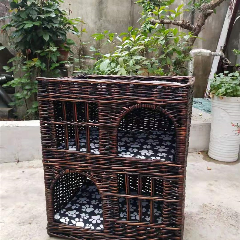 四季通用柳编猫窝藤编猫床柳编双层别墅式宠物窝猫房子可拆洗猫舍