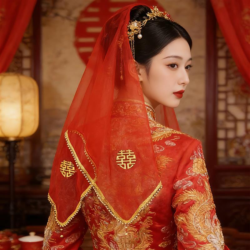中式红色结婚薄纱红盖头 复古金色流苏新娘秀禾服出嫁婚礼喜帕子