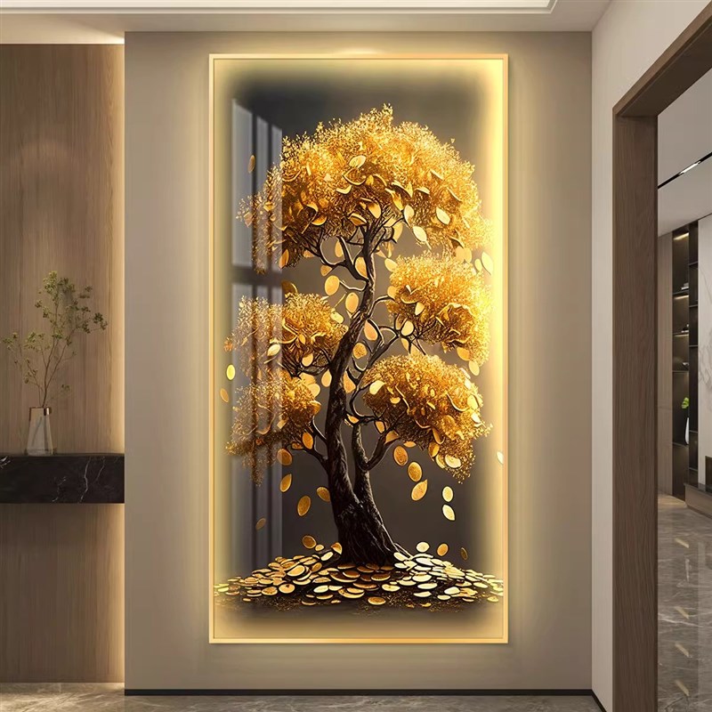 轻奢入户玄关装饰画摇钱树led带灯壁画简约现代走廊过道竖版挂画