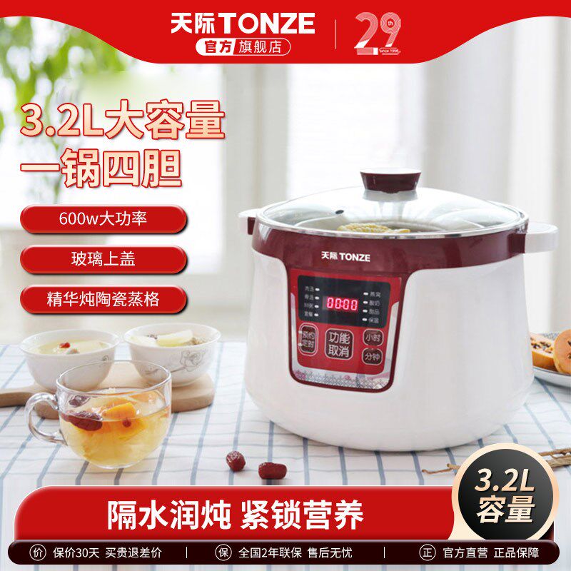 天际5L大容量不锈钢304隔水电炖锅全自动白瓷家用煲汤锅燕窝炖盅