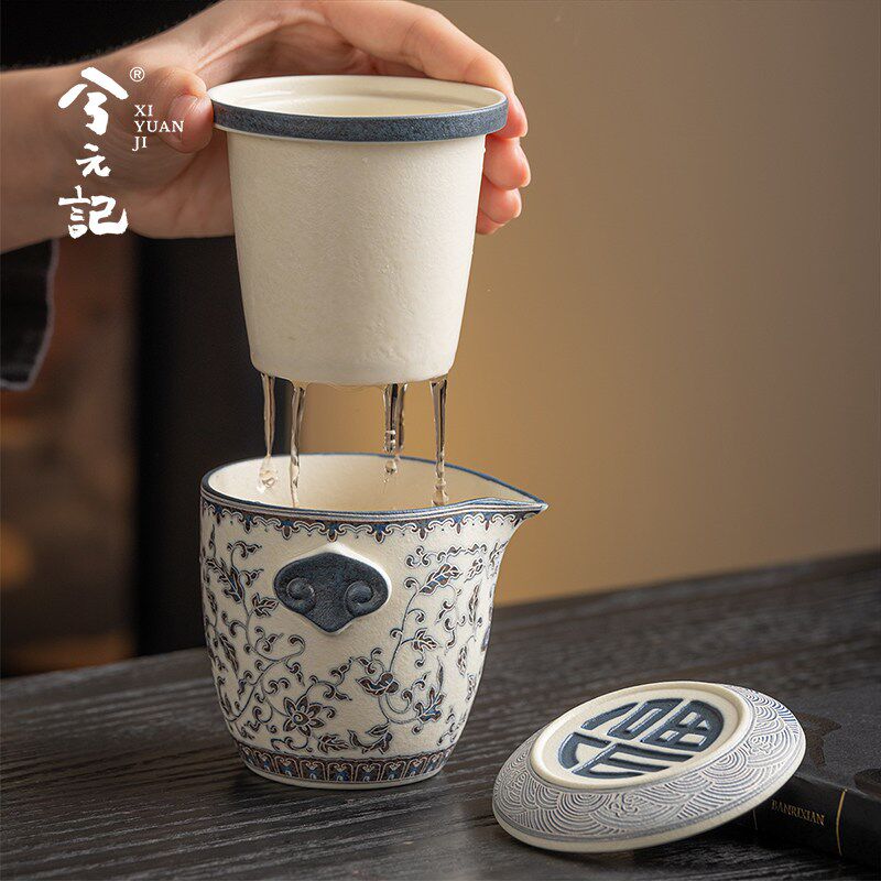 青花缠枝莲旅行茶具套装便携式户外出喝茶一人饮快客杯一壶两杯
