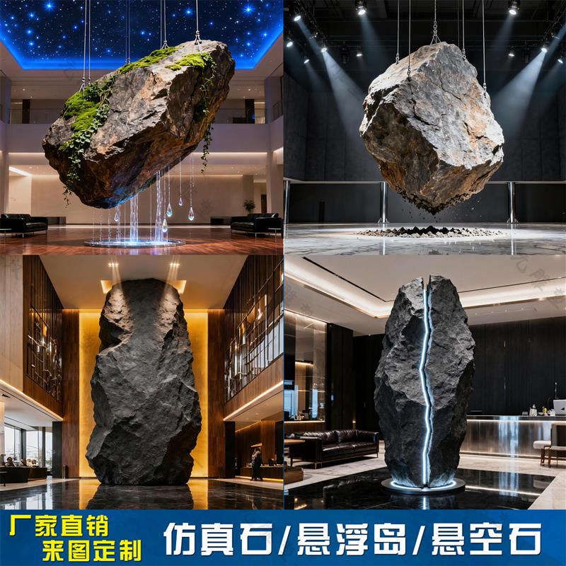 大型玻璃钢彷真悬空景观石头流水摆件定制悬浮岛造景悬挂泡沫假山