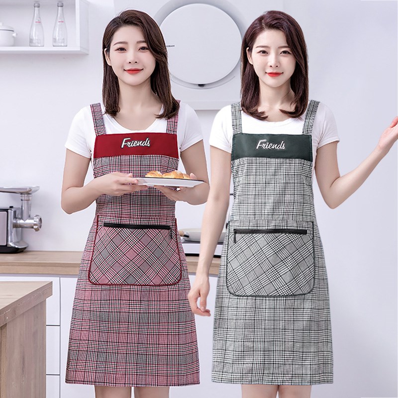 时尚格子高档棉布围裙女家用厨房做饭工作服透气上班耐脏背带围腰