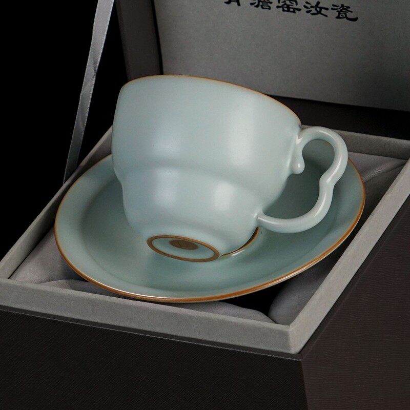 汝窑主人杯碟套装景德镇品茗杯复古汝瓷开片可养青瓷盏杯陶瓷礼品