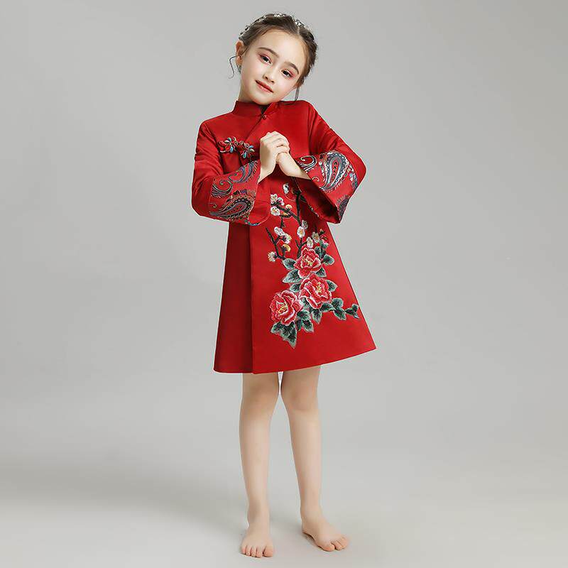 女童旗袍裙儿童晚礼服公主裙女孩古筝演出服拜年长袖加棉加厚洋气