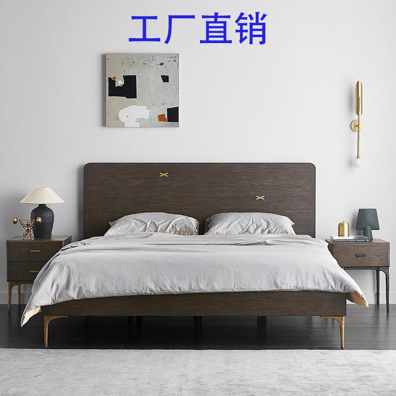 北欧中古侘寂风表情实木床主卧双人床1.5米1.8米做旧烟熏色铸铁脚