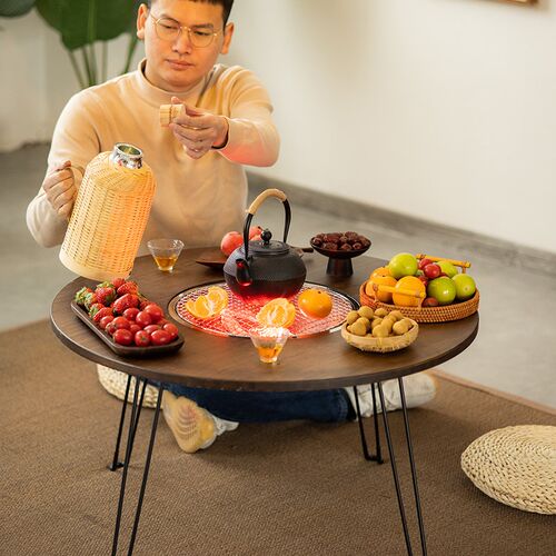 网红炭火围炉煮茶桌家用折叠新中式全套庭院烤火炉实木阳台小桌子