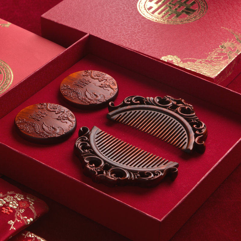 紫檀木梳子镜结婚陪出嫁套装礼盒梳子新娘婚庆送伴手礼物礼品礼盒