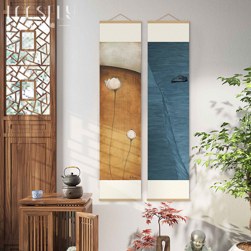 新中式卷轴挂画入户玄关竖版装饰画茶室书房水墨画日式荷花竹帘画
