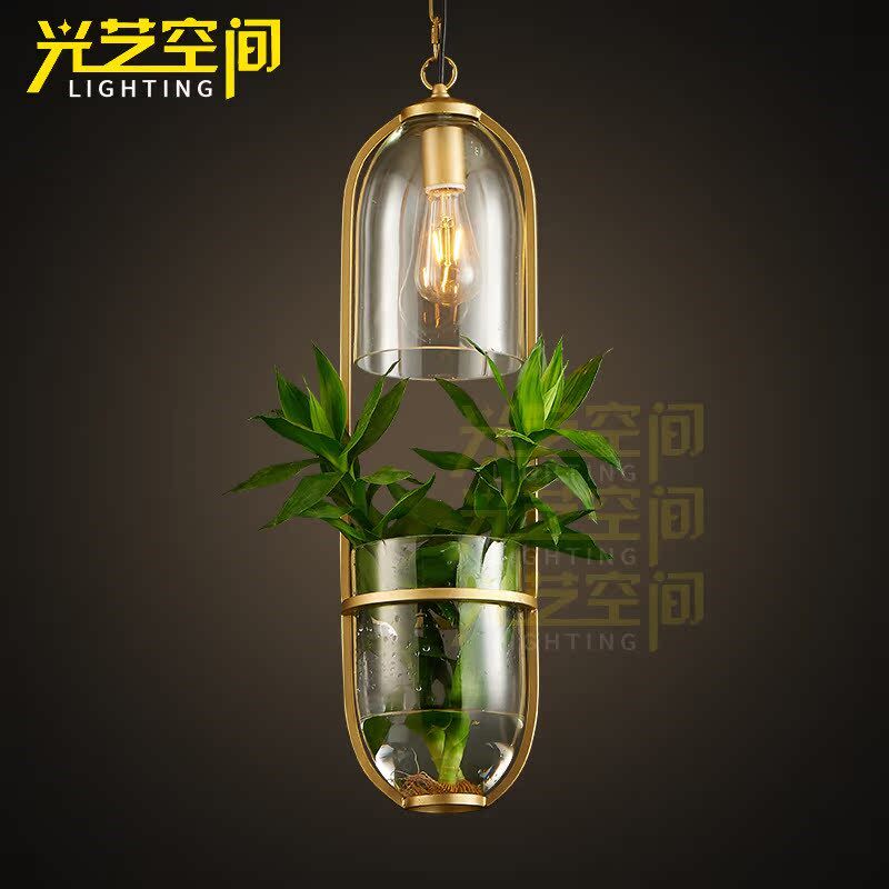 吧台植物吊灯铁艺术广东创意花盆玻璃罩过道餐厅阳台空中花园吊灯