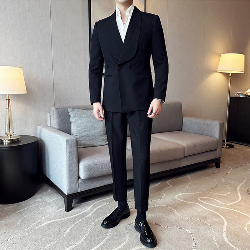秋冬墨绿色美式塔士多青果领双排扣西服男结婚敬酒宴会礼服套装潮