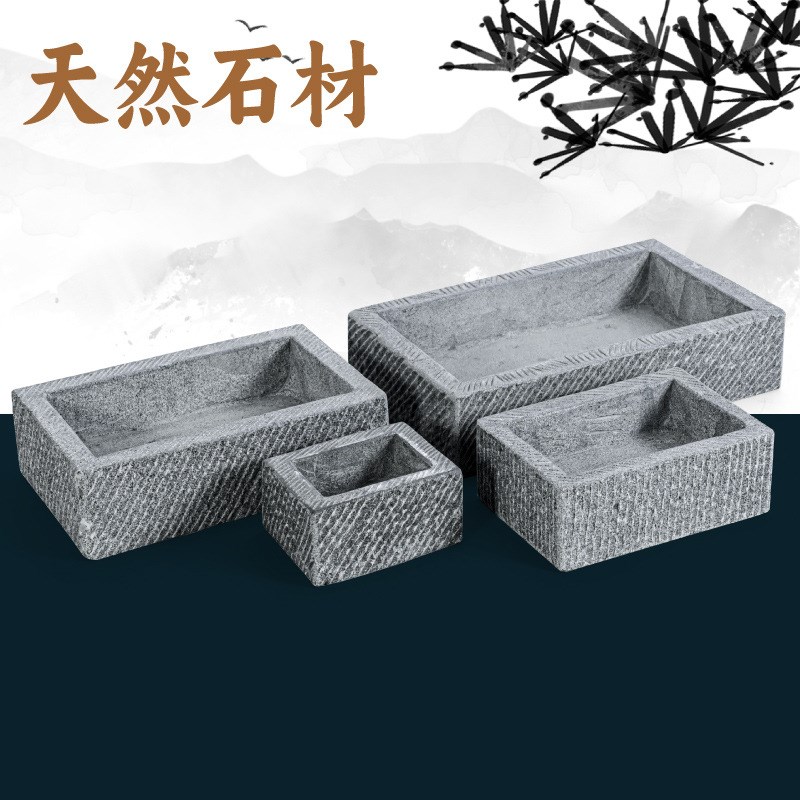 青石手工雕刻流水石槽养鱼石缸养花盆办公室客厅石雕摆件工艺品