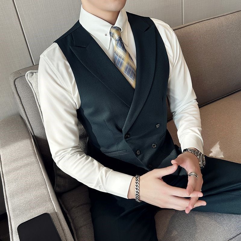 马甲男戗驳领西装婚礼新郎结婚伴郎团双排扣修身商务职业领小马夹