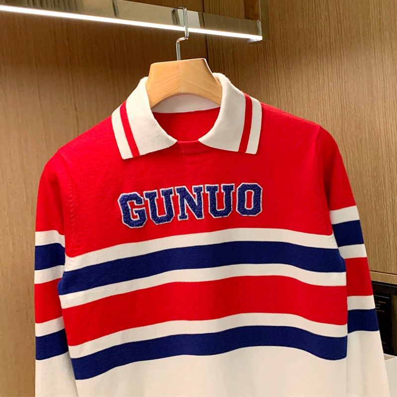 英式洋气拼色条纹翻领毛衣男红色上衣春秋季时尚植绒polo衫长袖男