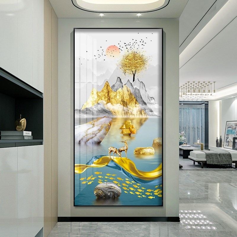 网红五福临门玄关装饰画新中式走廊好竖版楼梯墙壁画过道寓意客厅