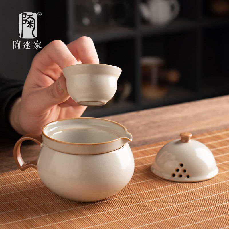 陶迷汝窑快客杯套装陶瓷户外旅行茶具一壶二杯企鹅造型茶具便携包