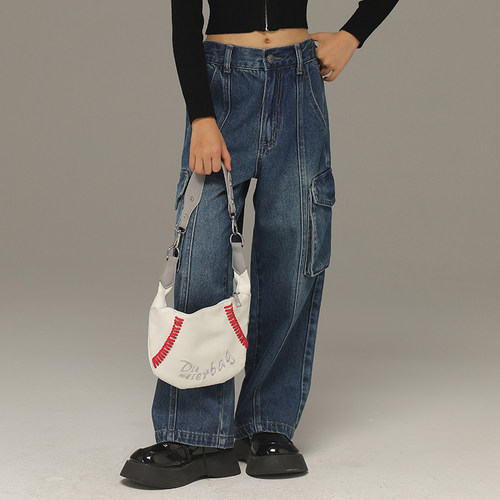 小女森女童春装牛仔裤中大童宽松直筒工装裤儿童百搭休闲春秋裤子