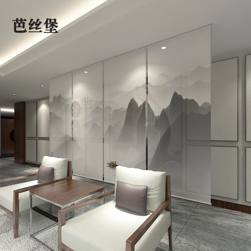 中式卷帘窗帘遮光悬挂卷帘式办公室窗帘升降手拉客厅隔断帘山水画