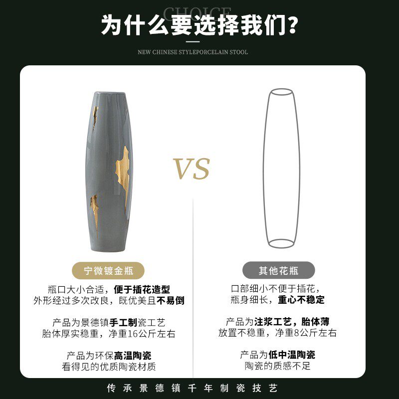 高档轻奢陶瓷落地花瓶客厅大号插花摆件干花装饰北欧高端灰色大高